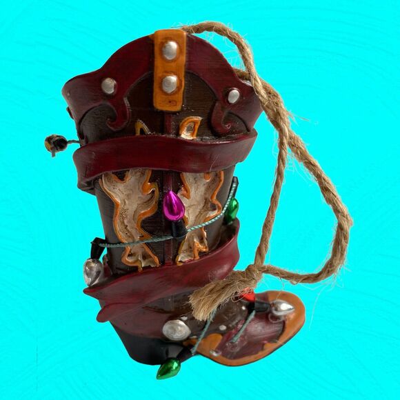 Country At Heart Cowboy Boot Christmas Ornament Ceramic Decorated W/ Tiny Lights - Picture 3 of 7